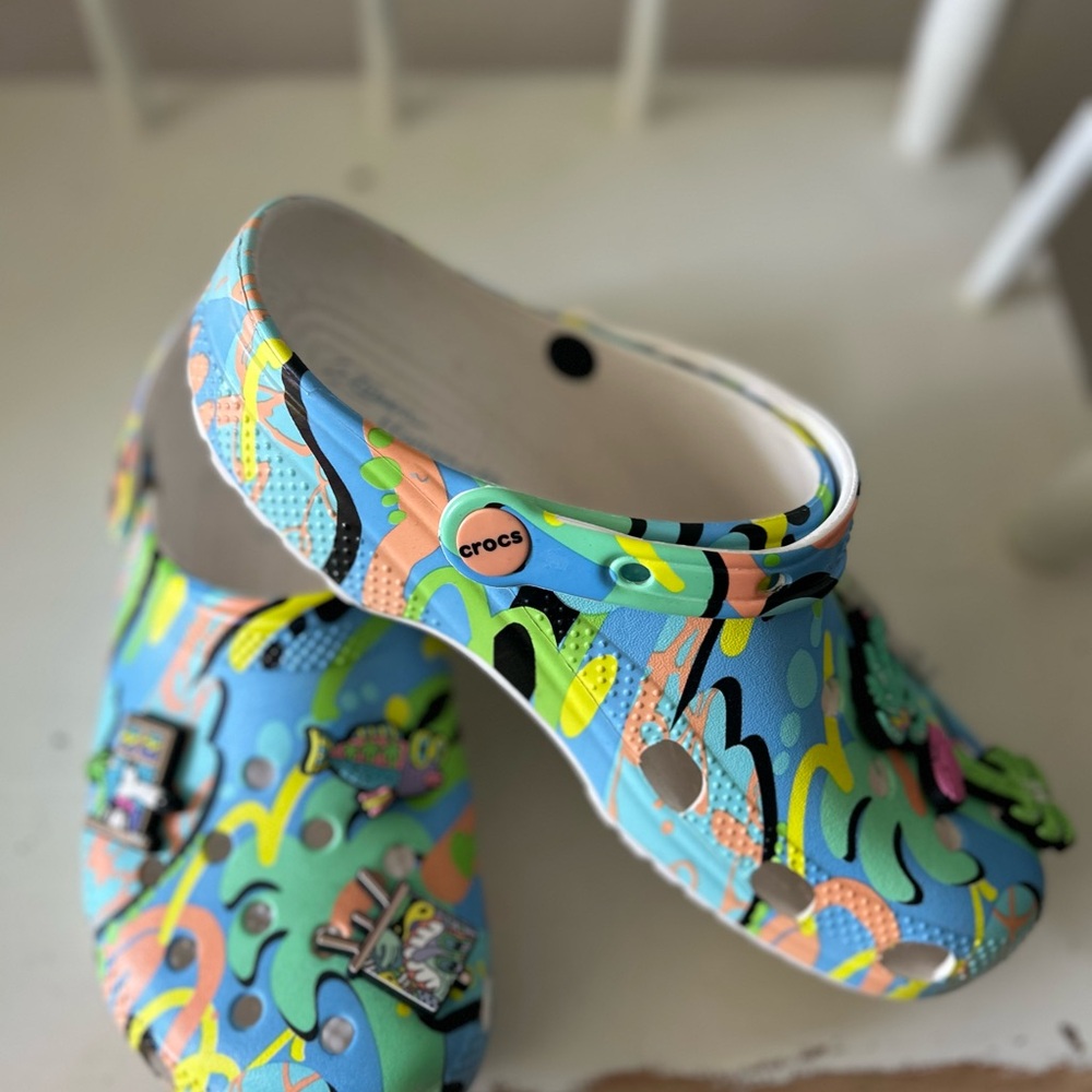CROCS Steven Harrington Blue and Green Sandals Playful Comfort